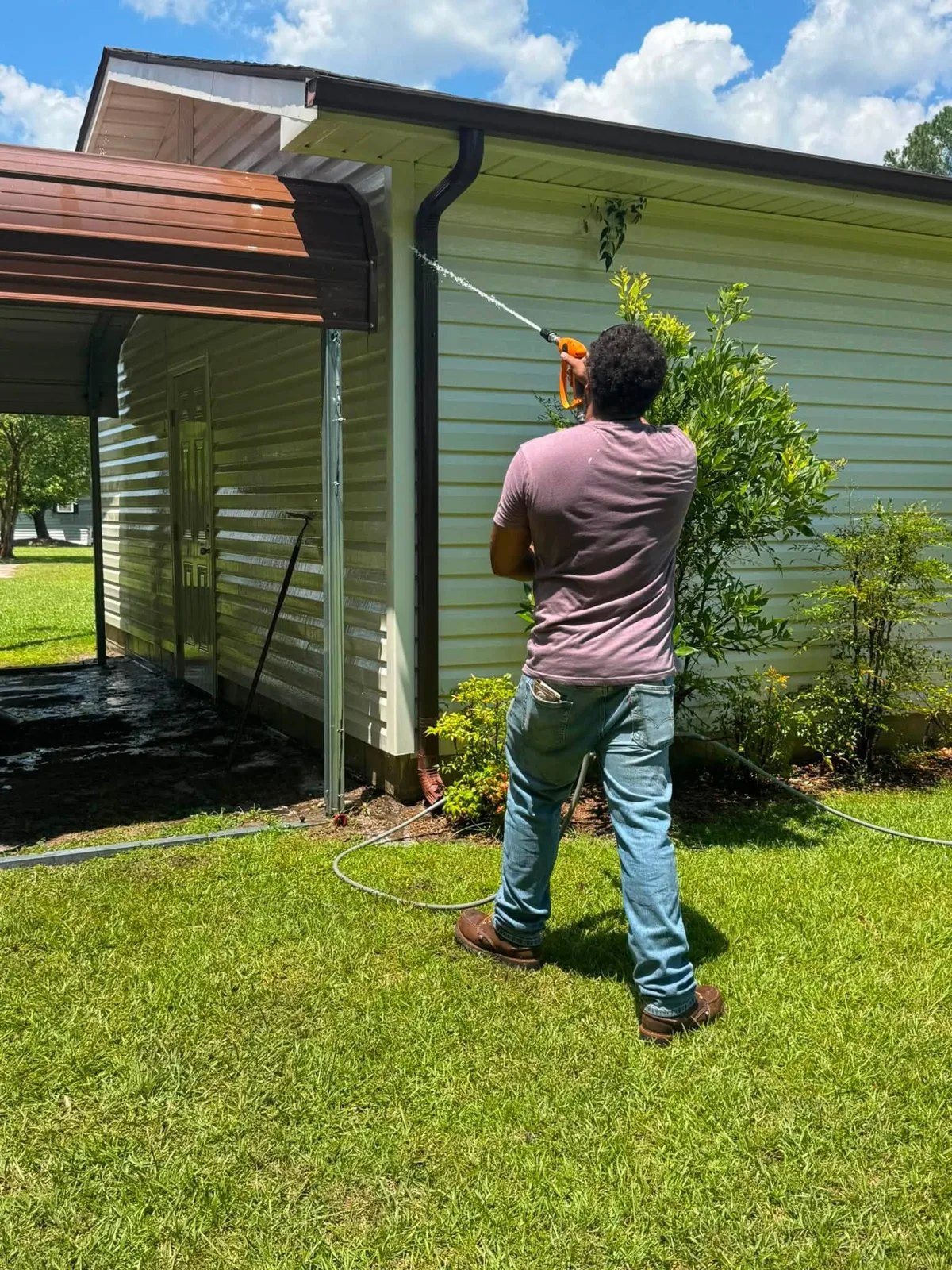 Washing algae off house siding under shade trees in coastal NC